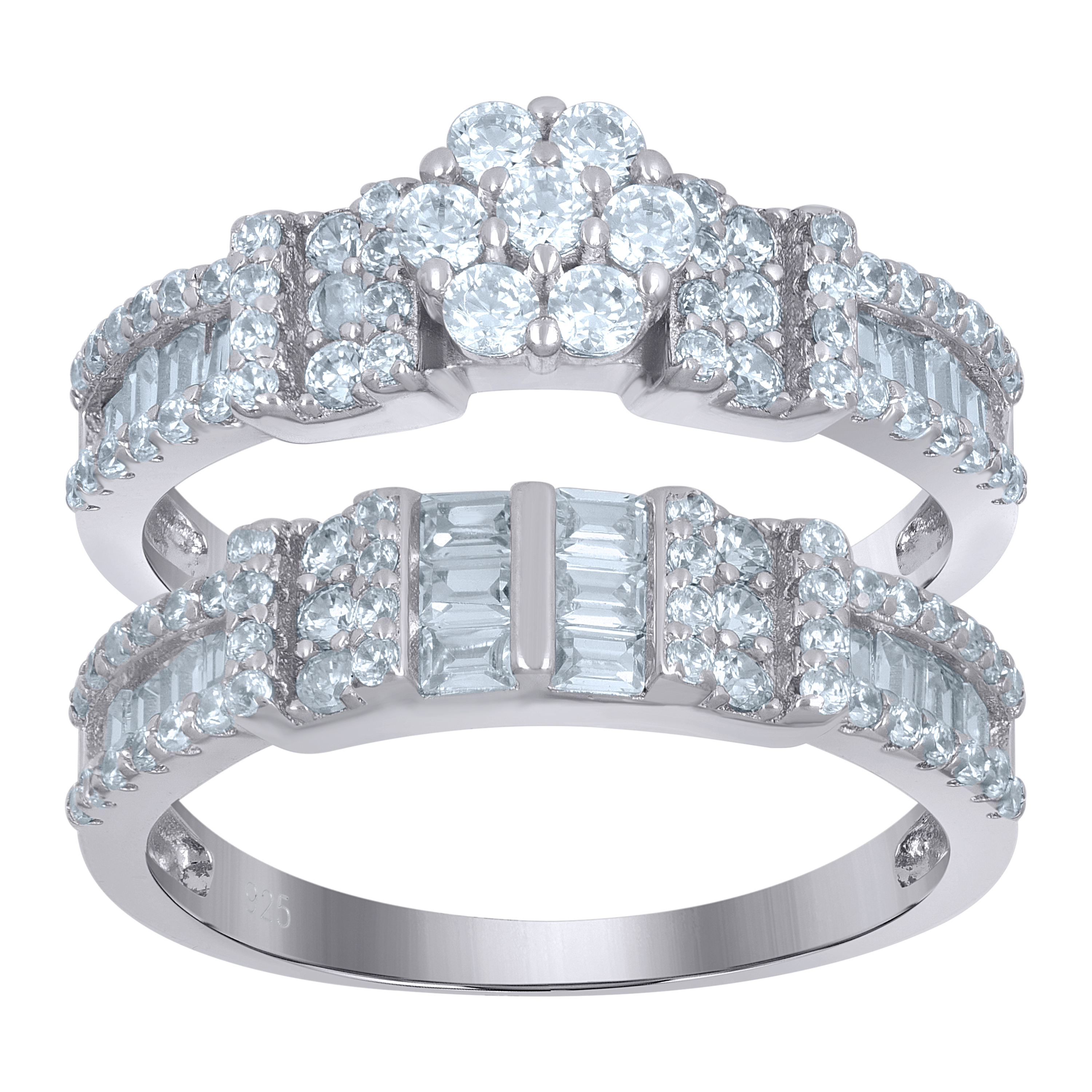 925 Sterling Silver Womens Baguette Cubic-Zirconia Flower Duo Ring Set Size 10